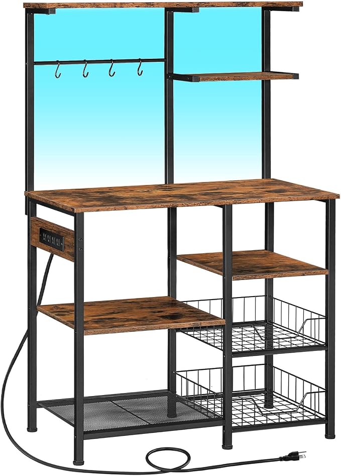 HOOBRO Bakers Rack with Power Outlet and LED Light, 6-Tier Microwave Stand with by HOOBRO
