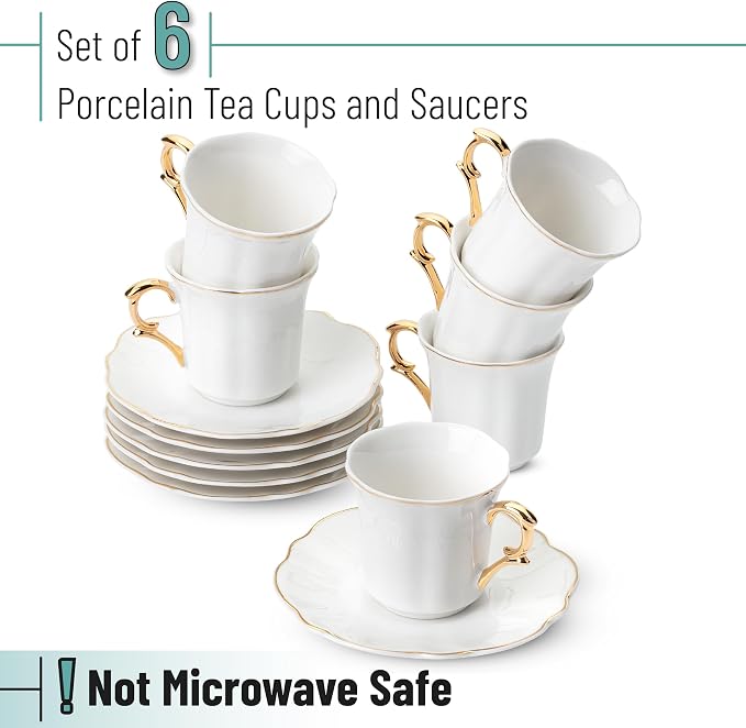 BTaT- Turkish Coffee Cup Set, 3 oz, 6 Set, Elegant White Cups & Saucers - Image 2