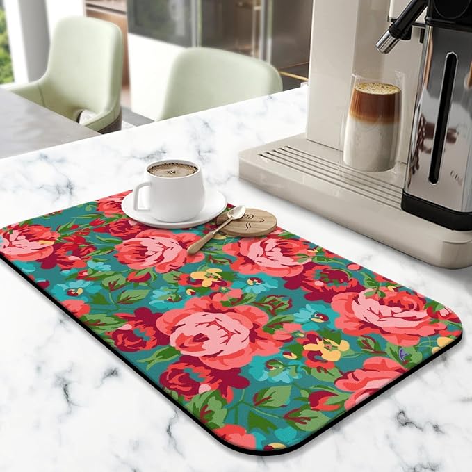 Floral Kitchen Counter Mat, 12 x 19.5 inches, Non-Slip Backing, Fast Drying by Safarsa