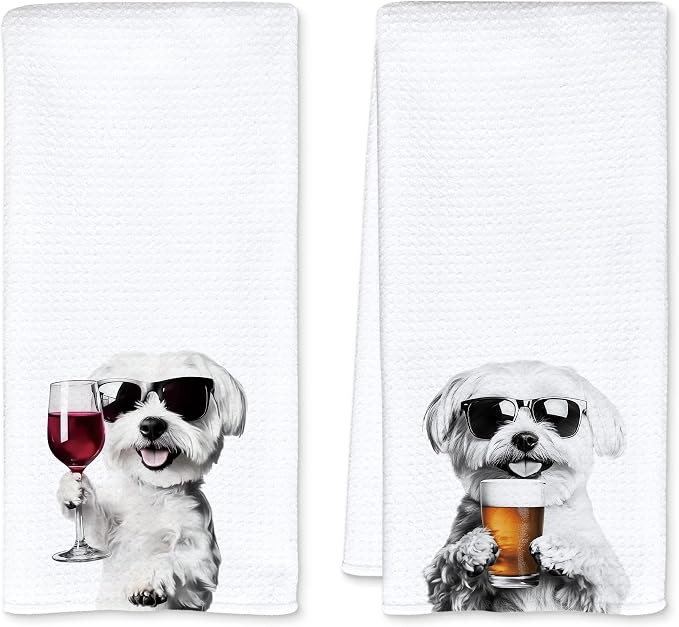 Funny Maltese Kitchen Towels Set of 2, Funny Kitchen Decor, Wine Station Wine by Unknown