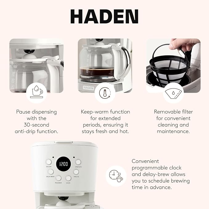 HADEN Coffee Machine, 12 Cup Programmable Drip Coffee Maker, Ivory & Chrome - Image 3