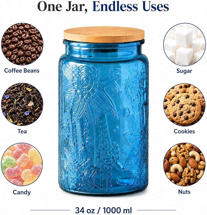 ANSQU Blue Glass Jars, 34oz Vintage Glass Kitchen Storage Counter Jar, Candy - Image 5