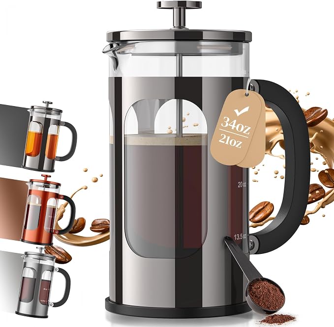 Veken French Press Coffee Maker 34oz, No Plastic Touching Cafe, Thickened Glass by Veken