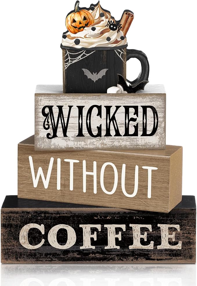 Lineshading 4 Pcs Halloween Coffee Table Decorations Wicked Wooden Stacked Sign by Lineshading