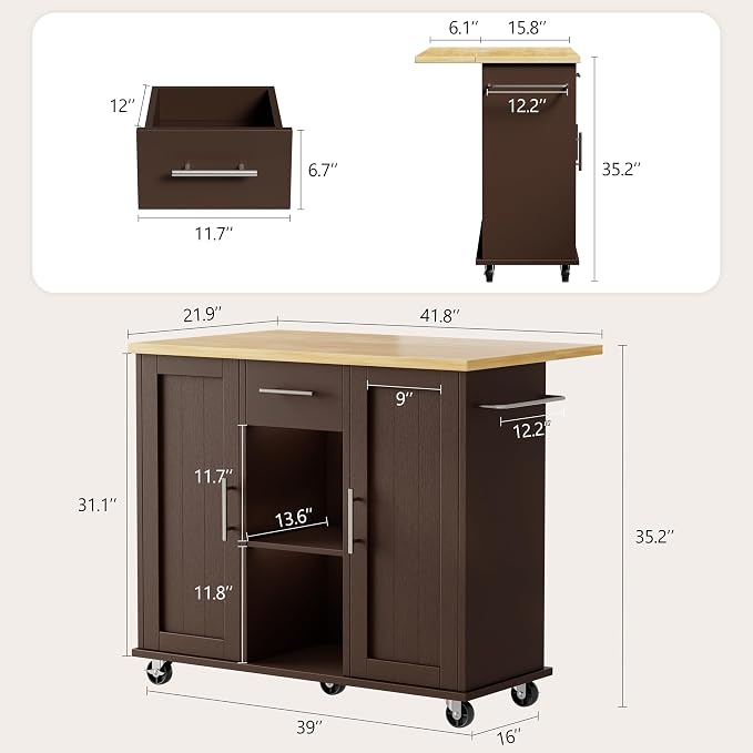 Shintenchi Kitchen Island with Storage, Bar Cart Cabinet Island Table on Wheels - Image 3