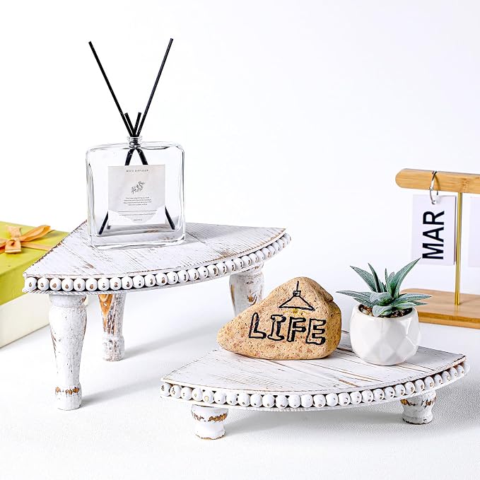 Kigley 2 Tiered Corner Riser for Kitchen Counter Wood Beaded Corner Shelf White - Image 4