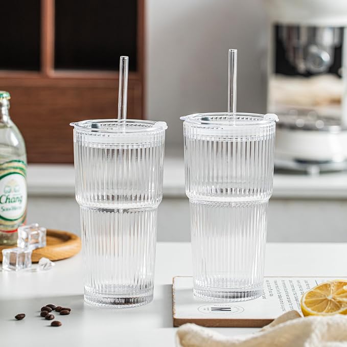 INSETLAN 8-Piece Glassware Set – 20 oz Ribbed Glass Tumblers - Image 7