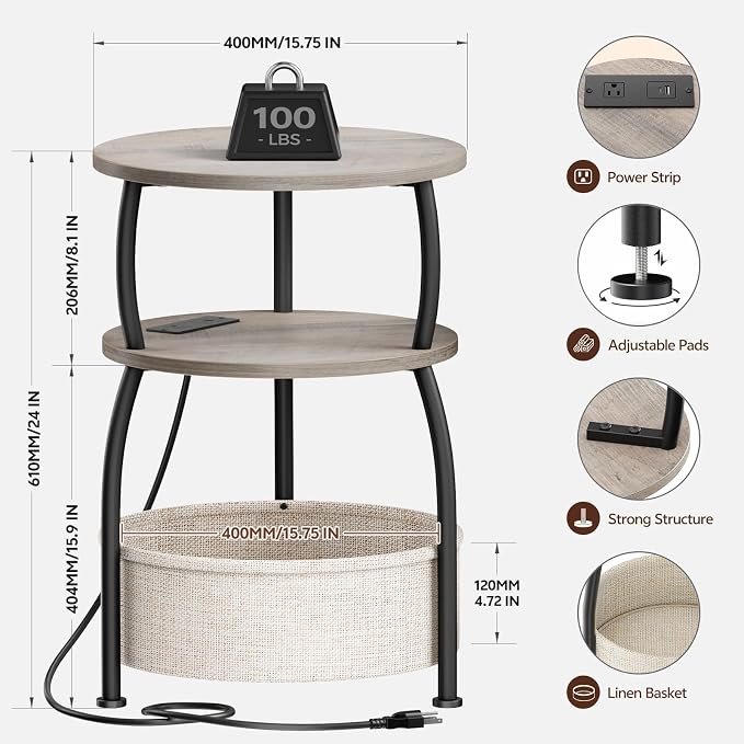 Round Side Table with Charging Station, USB Type C Port, Greige | End Table - Image 3