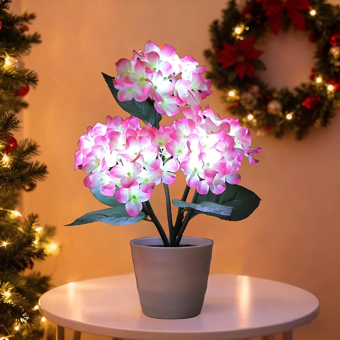 Pink Artificial Hydrangea LED Flower Pot by Hibeauti
