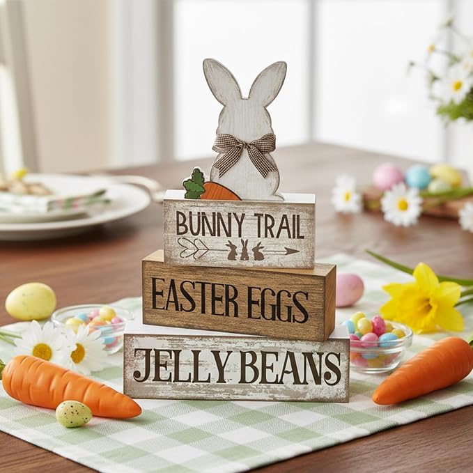 Lineshading 4 Pcs Easter Table Decoration Wooden Rabbit Easter Day Tiered Tray - Image 6