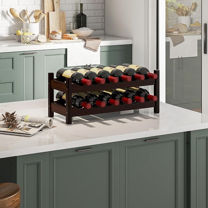 Giantex Bamboo Wine Rack, 2 Tier 12 Bottle Wine Storage Cabinet Shelf, Small - Image 8