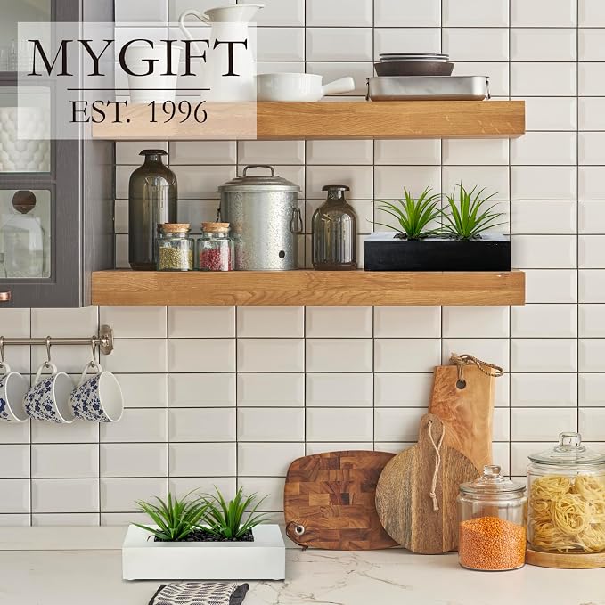 MyGift 10 Inch Artificial Grass Fake Plants in White Rectangular Wood Planter - Image 2