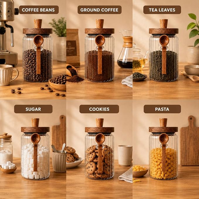 ANSQU Glass Jar with Wooden Lid & Spoon, 34oz Coffee Bean Storage Container - Image 5