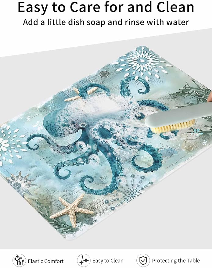 Turquoise Octopus Coffee Mat Ocean Marine Life Nautical Sea Theme Absorbent Bar - Image 7