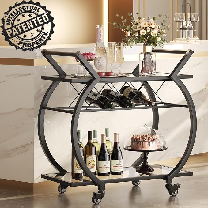 LVB Bar Cart with Glass, Home Bar Serving Cart with 2 Tier Storage Glass Shelves - Image 3
