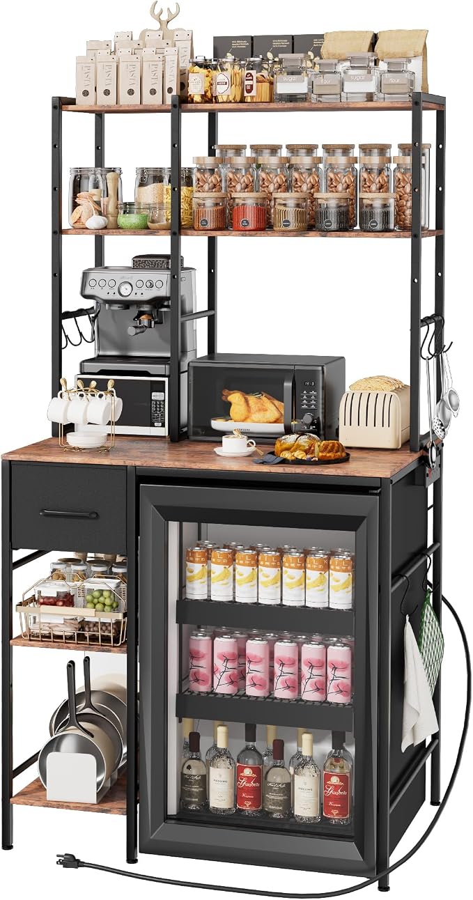 Kitchen Mini Fridge Stand with Storage, Microwave Oven Stand Table with Power by Ollieroo