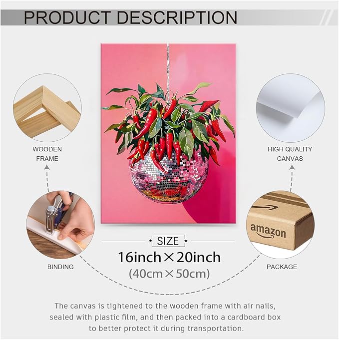 Wrapped Framed Disco Ball With Red Chili Pepper Wall Art 16x20 inch Funky - Image 2