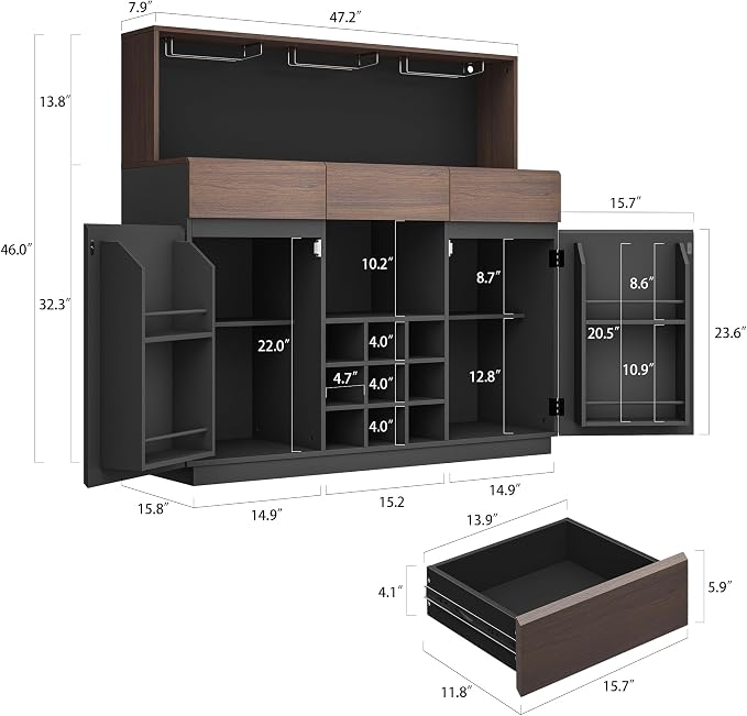 ModernMate Wine Cabinet with 3 Drawers, Coffee Bar Cabinet with LED Lights - Image 2