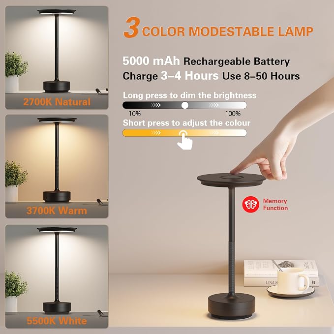 LED Cordless Table Lamp Set of 2, Rechargeable Battery Operated 3 Levels - Image 2