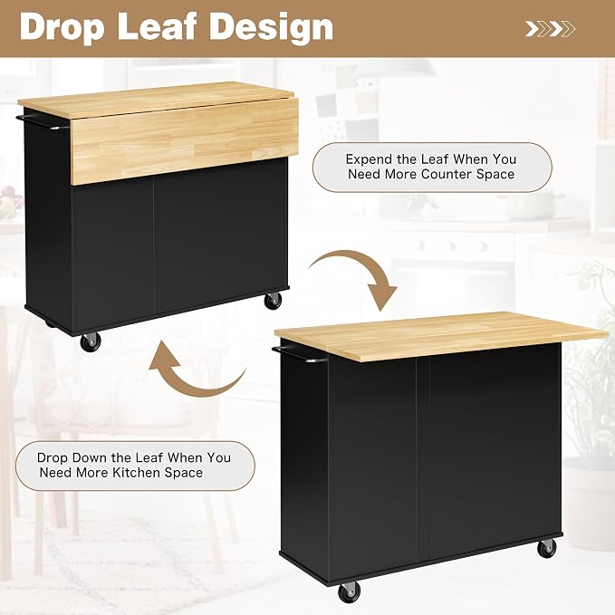 Shintenchi Kitchen Island with Folding Drop Leaf, Rolling Island Table with - Image 4