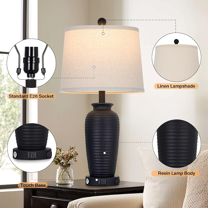CINSARY 25" Retro Black Farmhouse Jar Table Lamps, 3 Way Touch Control Rustic - Image 7