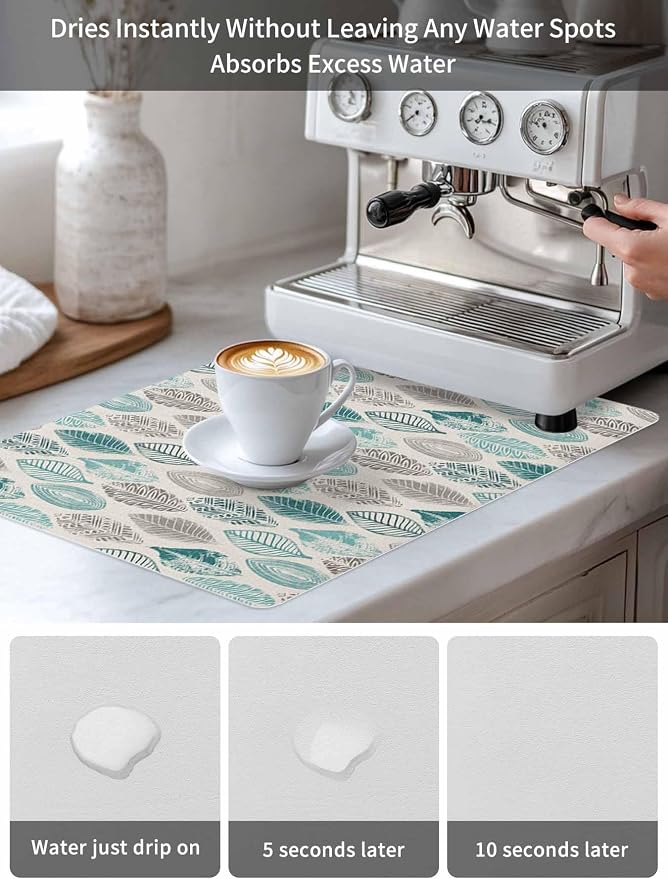 Leaves Specimens Coffee Mat Teal Green Grey Burlap Background Absorbent Bar Mat - Image 6