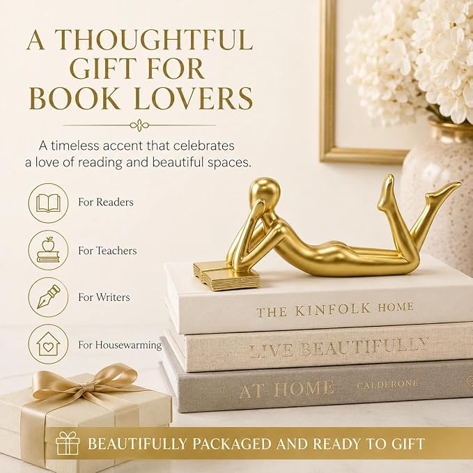 Gold Reading Statue Style B, Abstract Reader Figurine, Resin Book Decor - Image 5