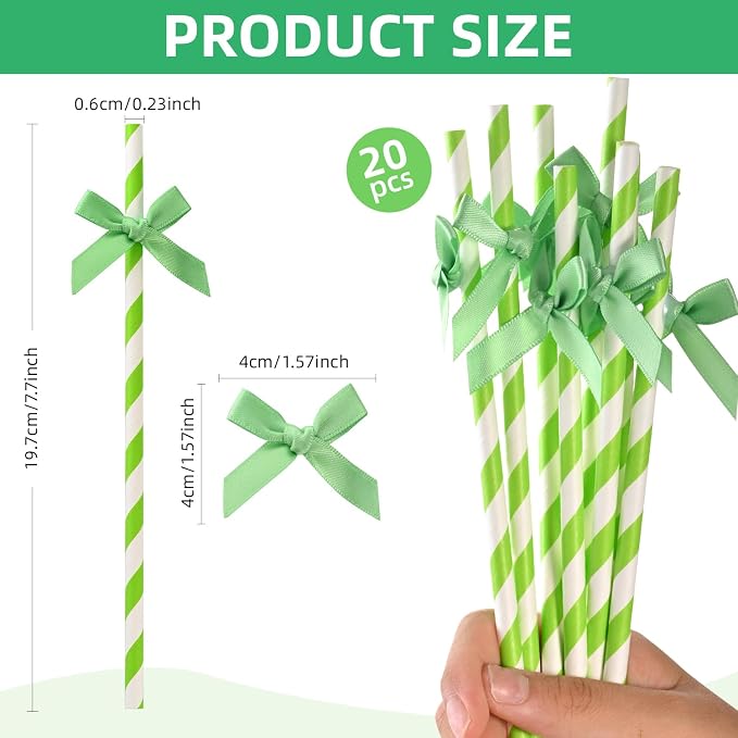 20pcs Green Bow Straw, 7.7inch Cake Pops Treat Sticks Biodegradable Cute Paper - Image 2
