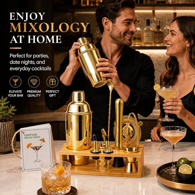 Gold Cocktail Shaker Set, Premium 18/8 Stainless Steel Mixology Bartender Kit - Image 7