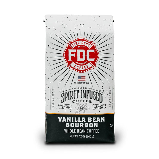 Fire Department Coffee - Vanilla Bourbon Coffee - Gives Back to Firefighters - Vanilla Bean Bourbon Infused Whole Bean - Non-Alcoholic - Roasted in the USA - Veteran Owned - 12 oz