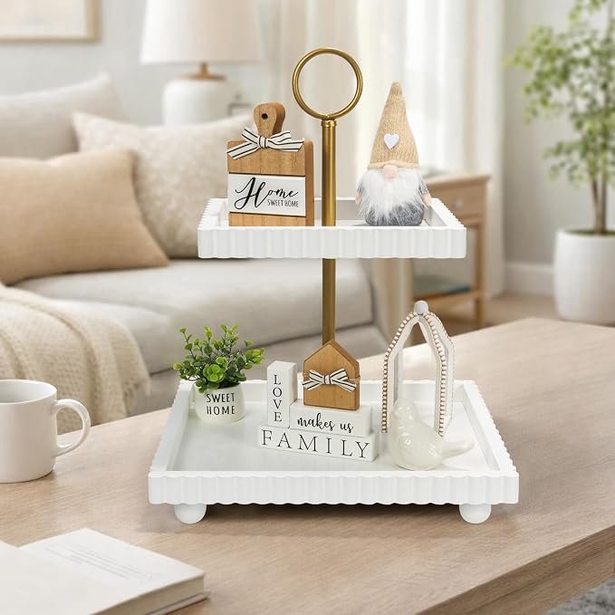 Wooden Two Tiered Tray Stand for Decor, Modern 2 Tier White Rectangular - Image 4