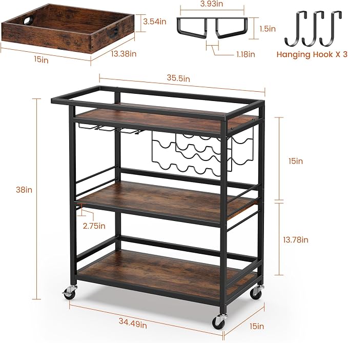 Leteuke Bar Cart for Home, 3 Tier Rolling Serving Carts - Image 3