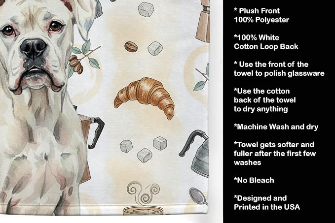 Caroline's Treasures White Boxer Coffee Bar Kitchen Towel Velour Plush Front - Image 4