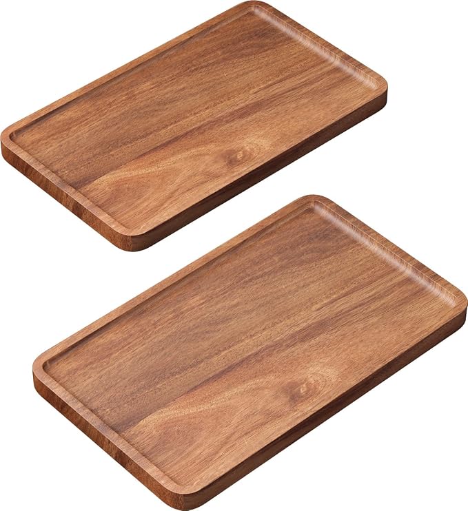VERTORGAN 2 Pack Acacia Wood Serving Tray, 9.8x5.9 Inch Decorative Trays Platter by VERTORGAN