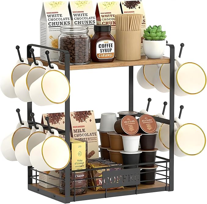 Coffee Mug Rack with 12 Hooks, 2-Tier Coffee Cup Holder with Shelf and Storage by Unknown