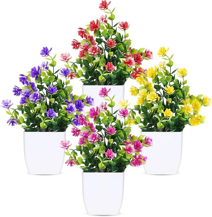 CEWOR Fake Flowers 4 Packs Artificial Plants Indoor Mini Eucalyptus Flowers by CEWOR