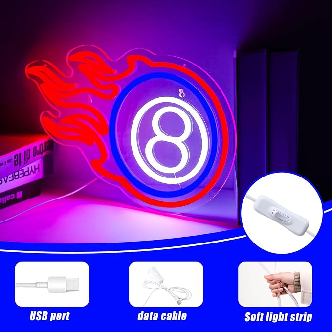 Billiard Neon Sign 8 Ball Sign, Flame Pool Room Decor Wall Light - Image 4