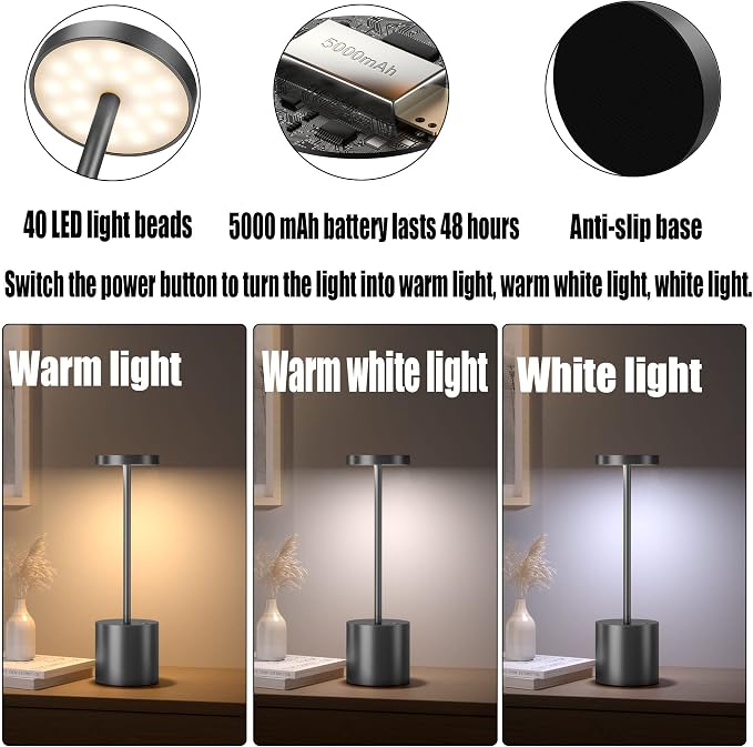 2Pack Cordless Table Lamp, Rechargeable LED Battery 5000mAh Metal USB Portable - Image 3