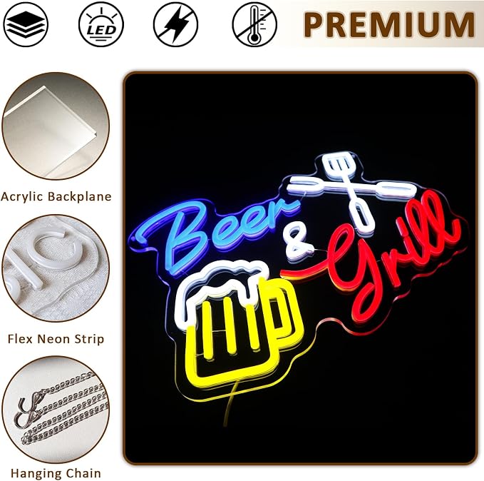 Beer And Grill Neon Sign for Wall Decor, Grilling Led Signs for BBQ Bar - Image 6