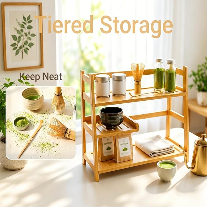 3 Tier Bamboo Matcha & Coffee Station, Countertop Organizer Shelf - Image 3