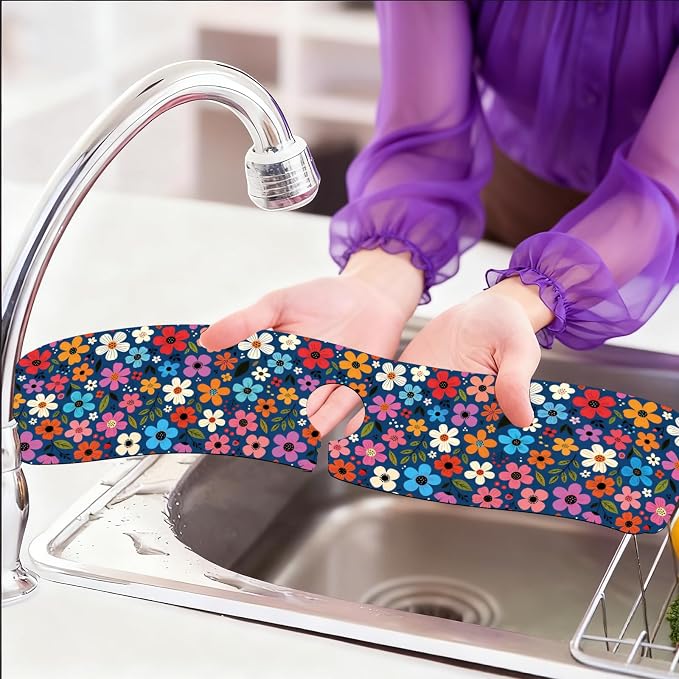 2 Pcs Floral Print Kitchen Sink Splash Guard Faucet Mat Plants Floral patterns - Image 6