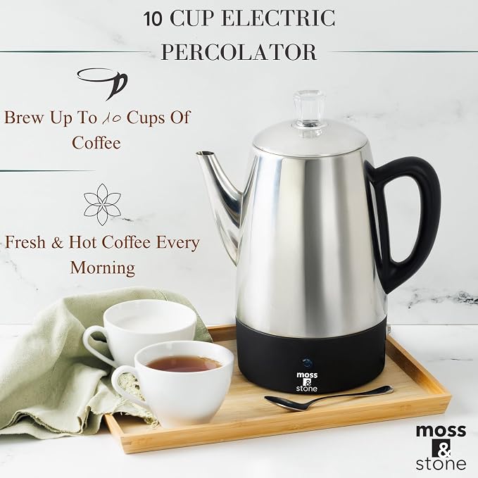 Moss & Stone Percolator Coffee Pot Electric 10 Cup, Stainless Steel Coffee - Image 4