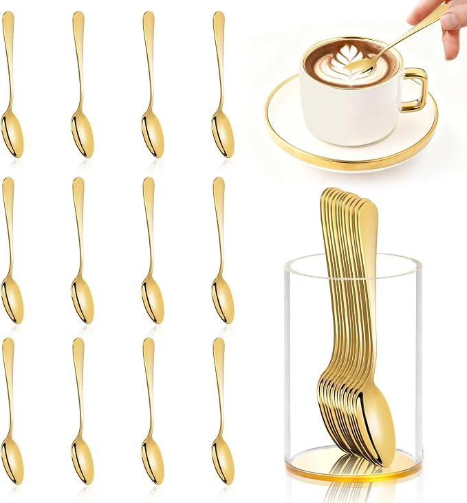 12 Pcs Gold Coffee Spoons with Holder 4.92 Inch Demitasse Espresso Spoons Mini by Unknown