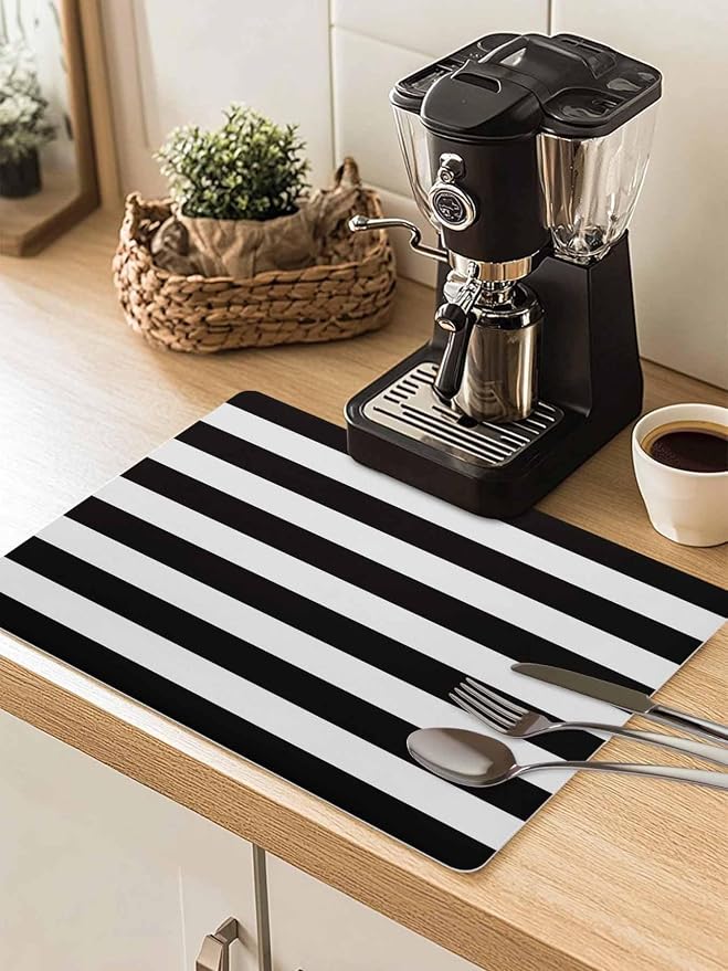 Black and White Stripes Coffee Mat Classic Geometric Absorbent Bar Mat by Unknown