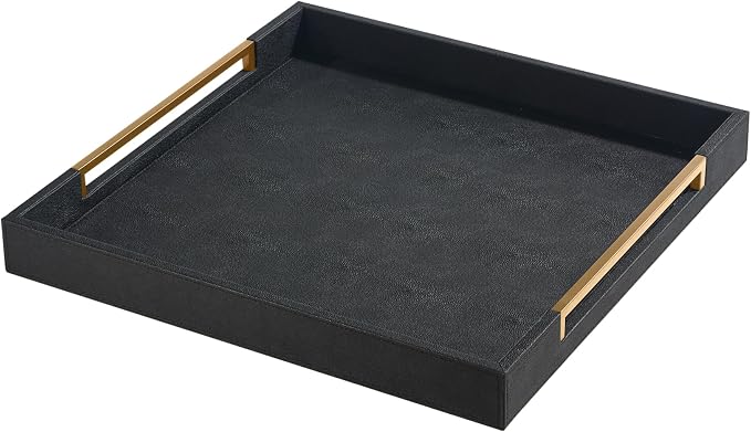 Airdream 16"x16" Black-Gold Modern Square Serving Tray, Faux Leather by Unknown