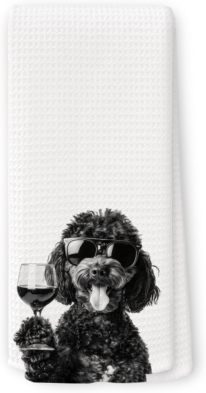Funny Black Labradoodle Wine Kitchen Towels, Gifts by Unknown
