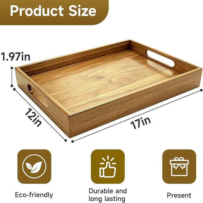 Acacia Wood Serving Tray with Handles, 17 x 12 Inch Large Wooden Tray - Image 3