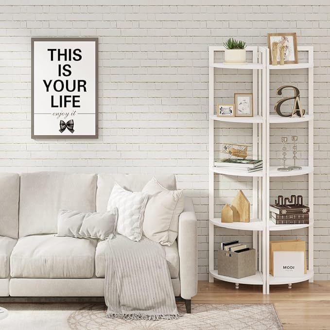 FATORRI Tall Corner Shelf, 5 Tier Modern Corner Bookshelf Stand, Wood and Metal - Image 9