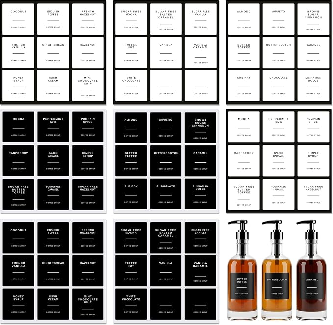 72pcs Coffee Syrup Labels, Minimalist Preprinted Syrup Stickers by Unknown
