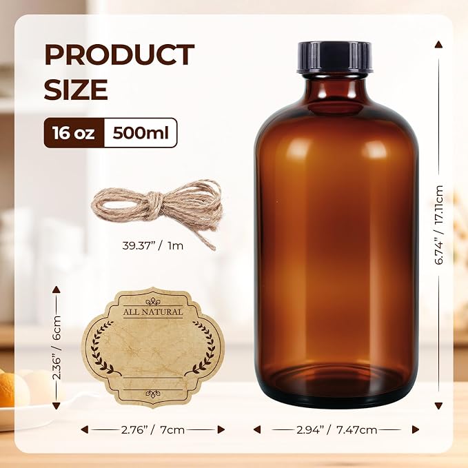 3 Pack, 16 OZ Amber Glass Bottles Boston Round Sample Refillable Bottles - Image 2